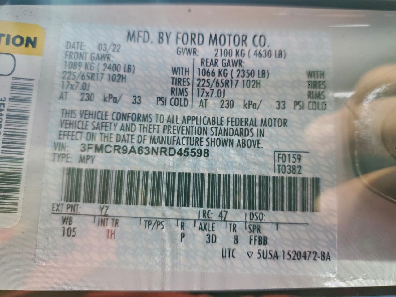 2022 Ford Bronco Sport VIN: 3FMCR9A63NRD45598 Lot: 93922035