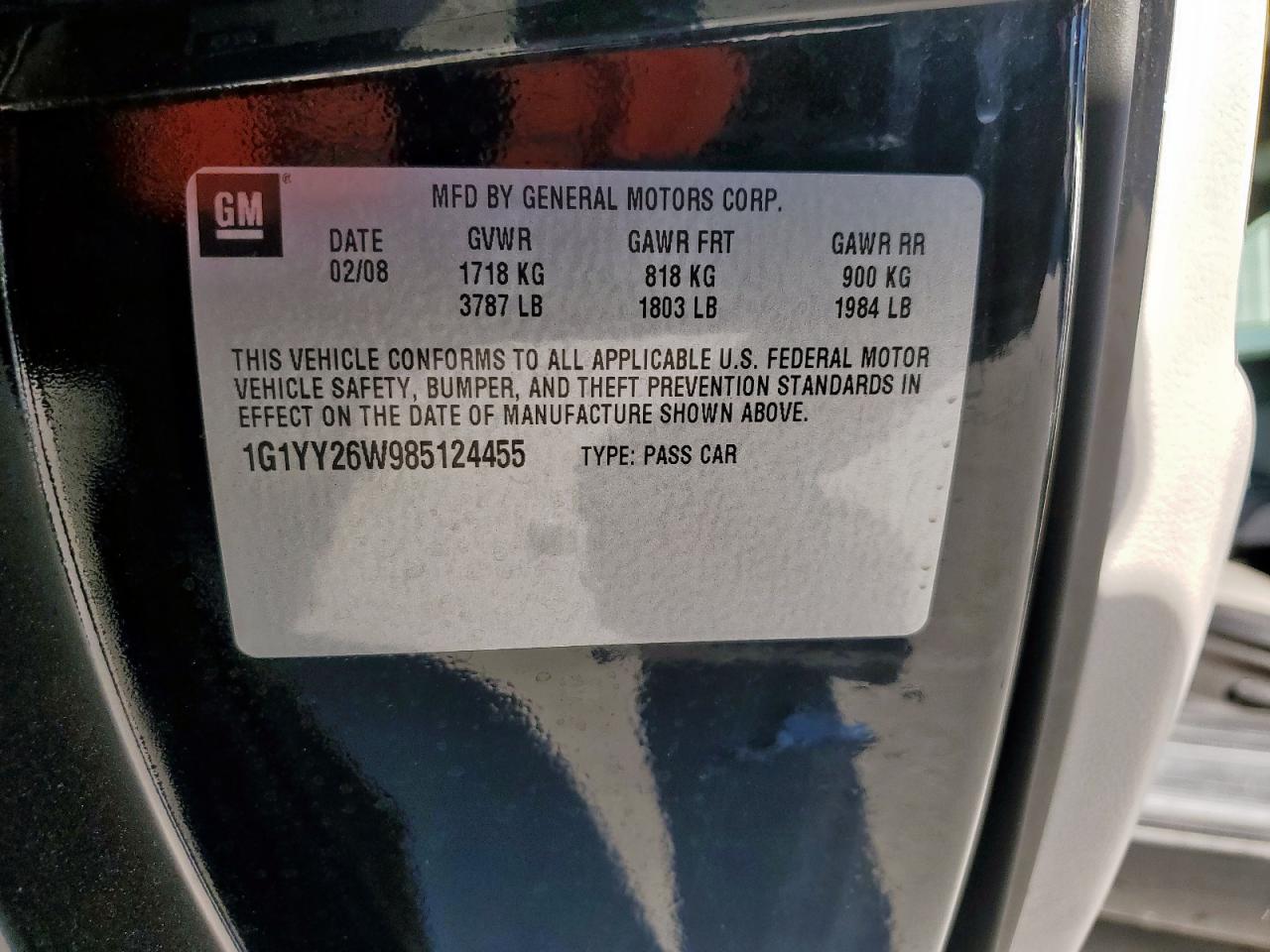 2008 Chevrolet Corvette VIN: 1G1YY26W985124455 Lot: 86706085