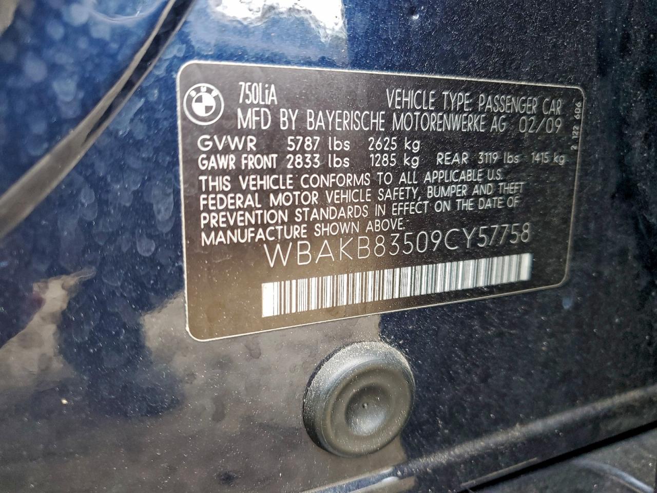 2009 BMW 750 Li VIN: WBAKB83509CY57758 Lot: 94313185