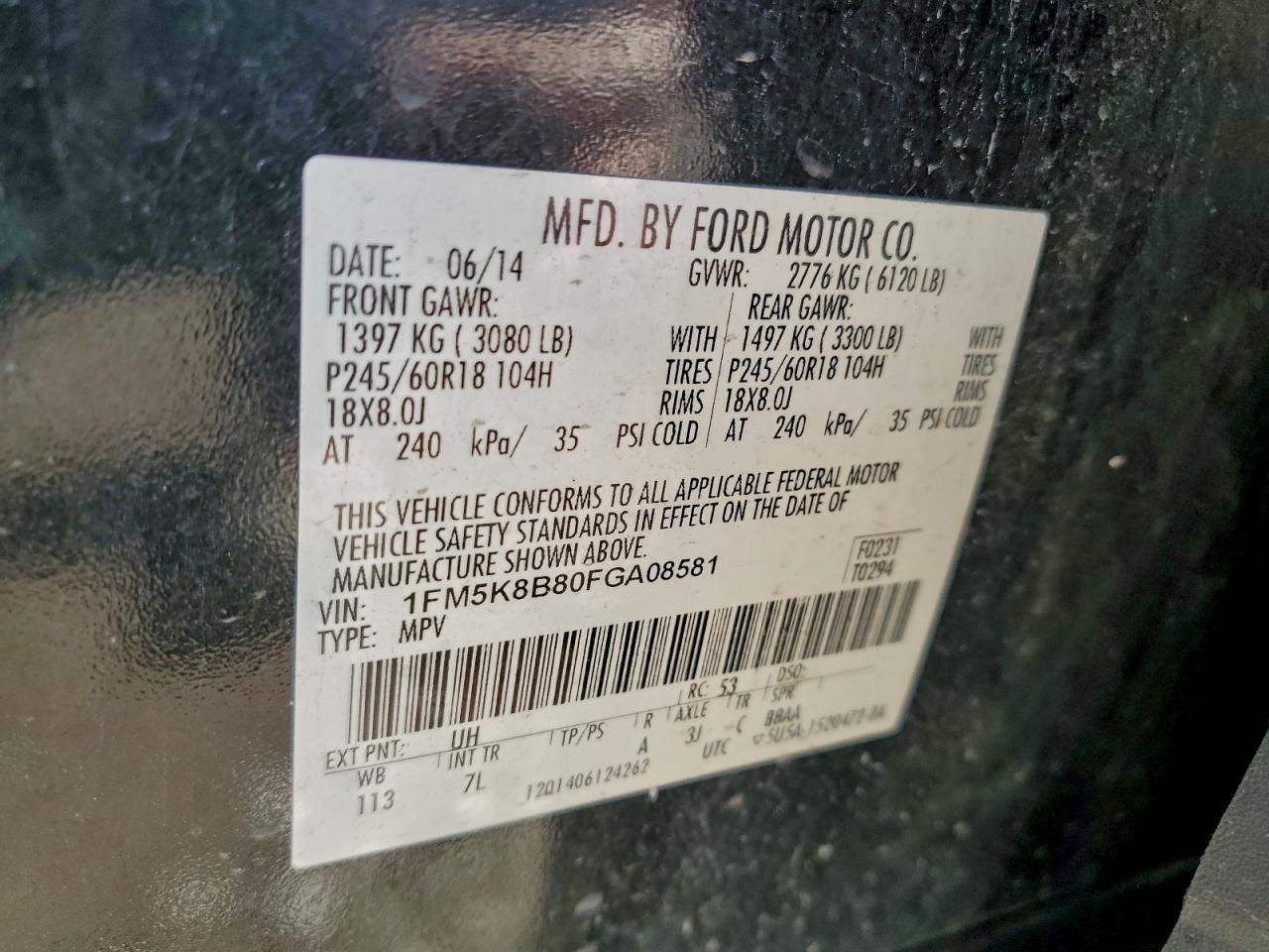 2015 Ford Explorer VIN: 1FM5K8B80FGA08581 Lot: 93426385