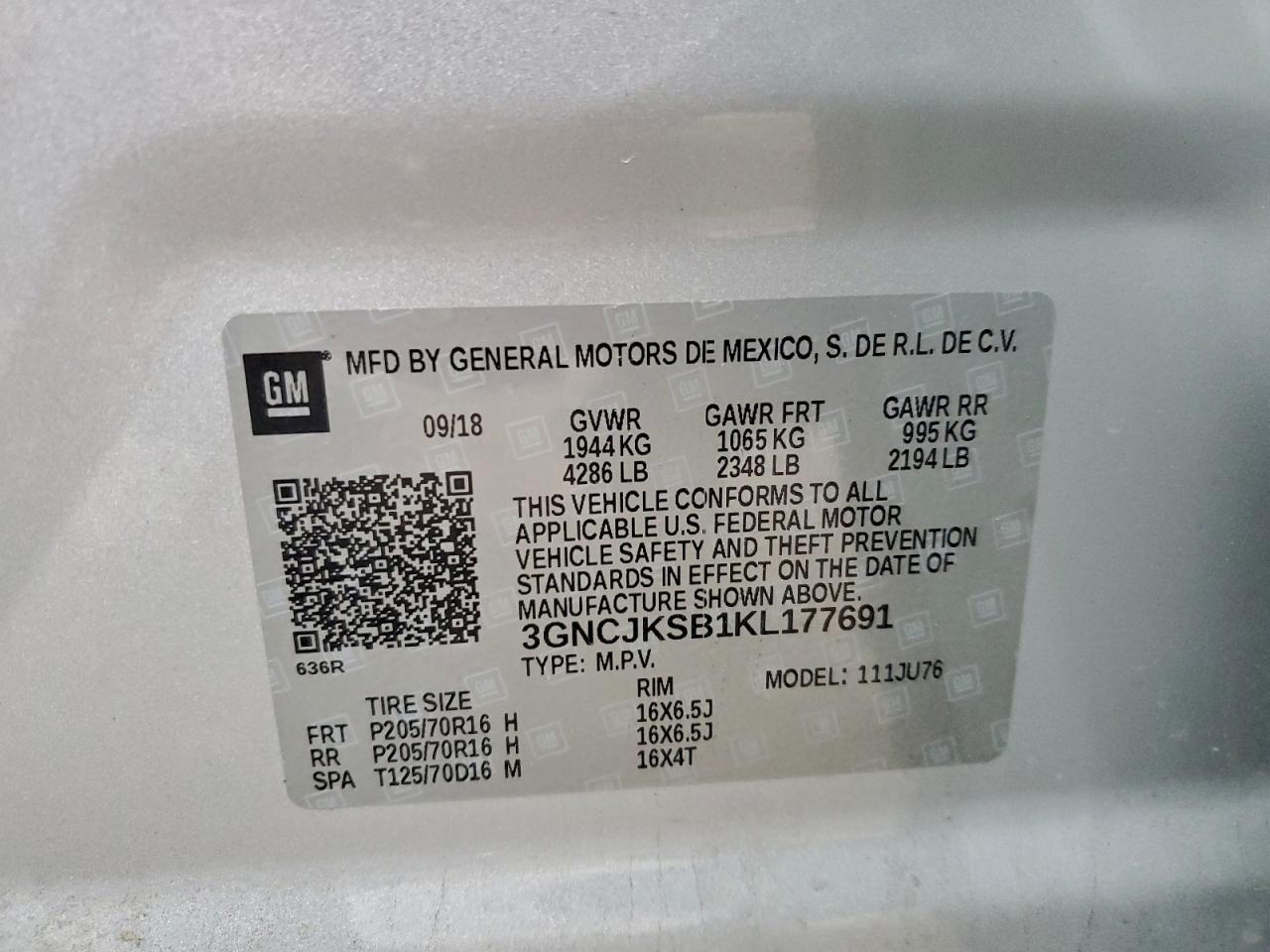 2019 Chevrolet Trax Ls VIN: 3GNCJKSB1KL177691 Lot: 93886715