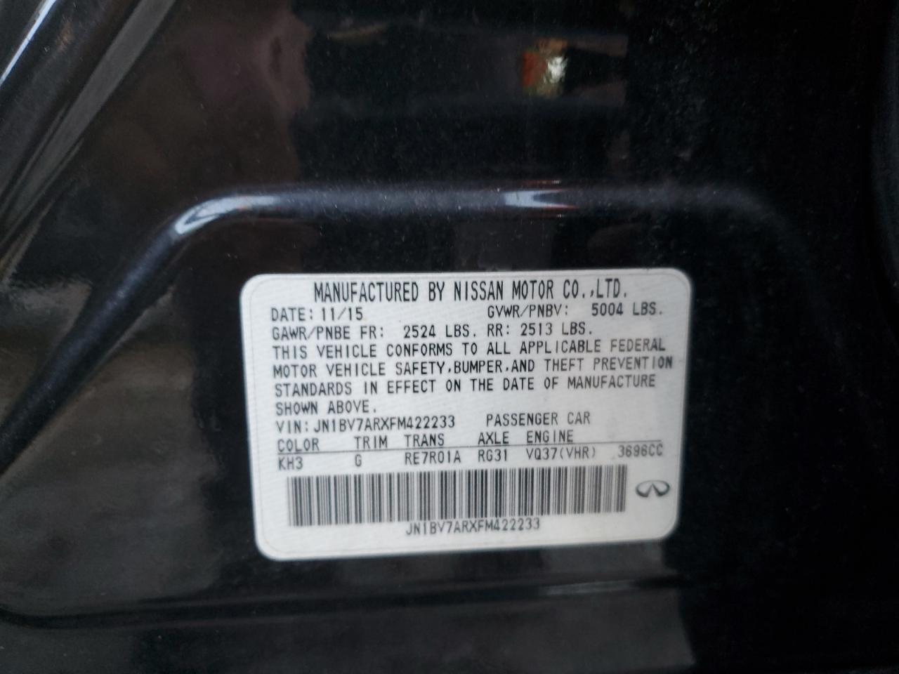 2015 Infiniti Q50 Base VIN: JN1BV7ARXFM422233 Lot: 92949855