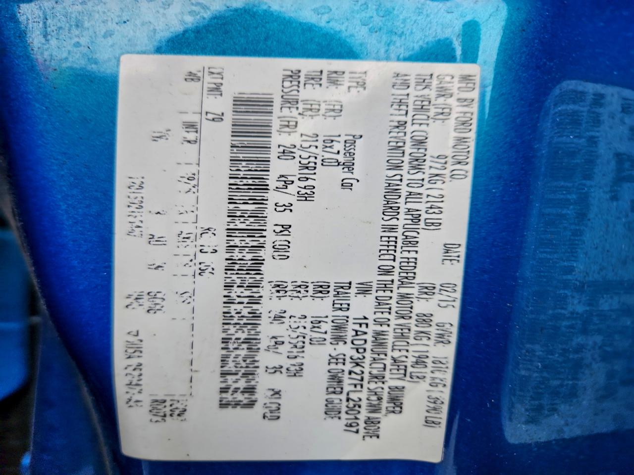 2015 Ford Focus Se VIN: 1FADP3K27FL250197 Lot: 93345655