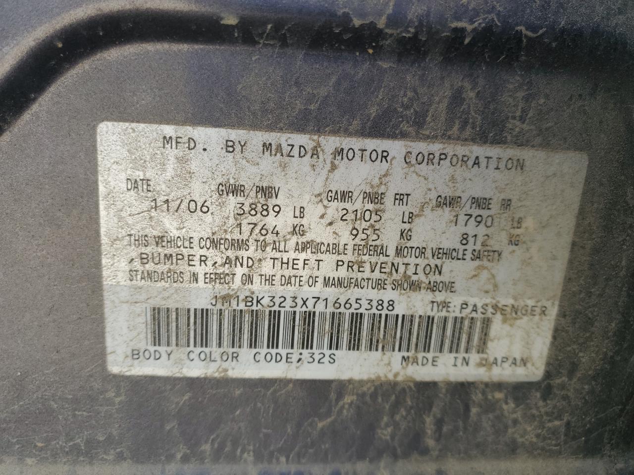 2007 Mazda 3 S VIN: JM1BK323X71665388 Lot: 92324875