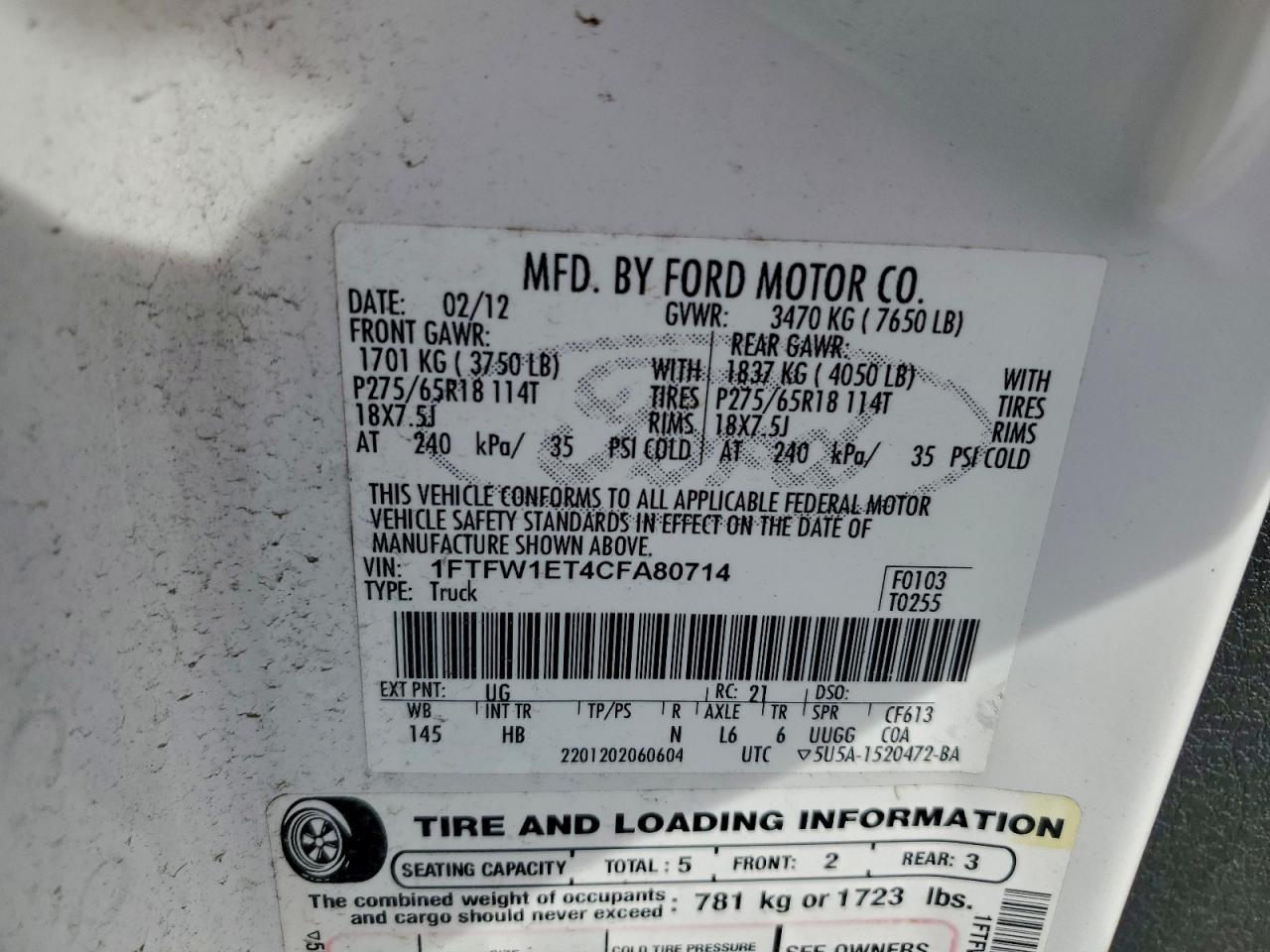 2012 Ford F150 Supercrew VIN: 1FTFW1ET4CFA80714 Lot: 93684155