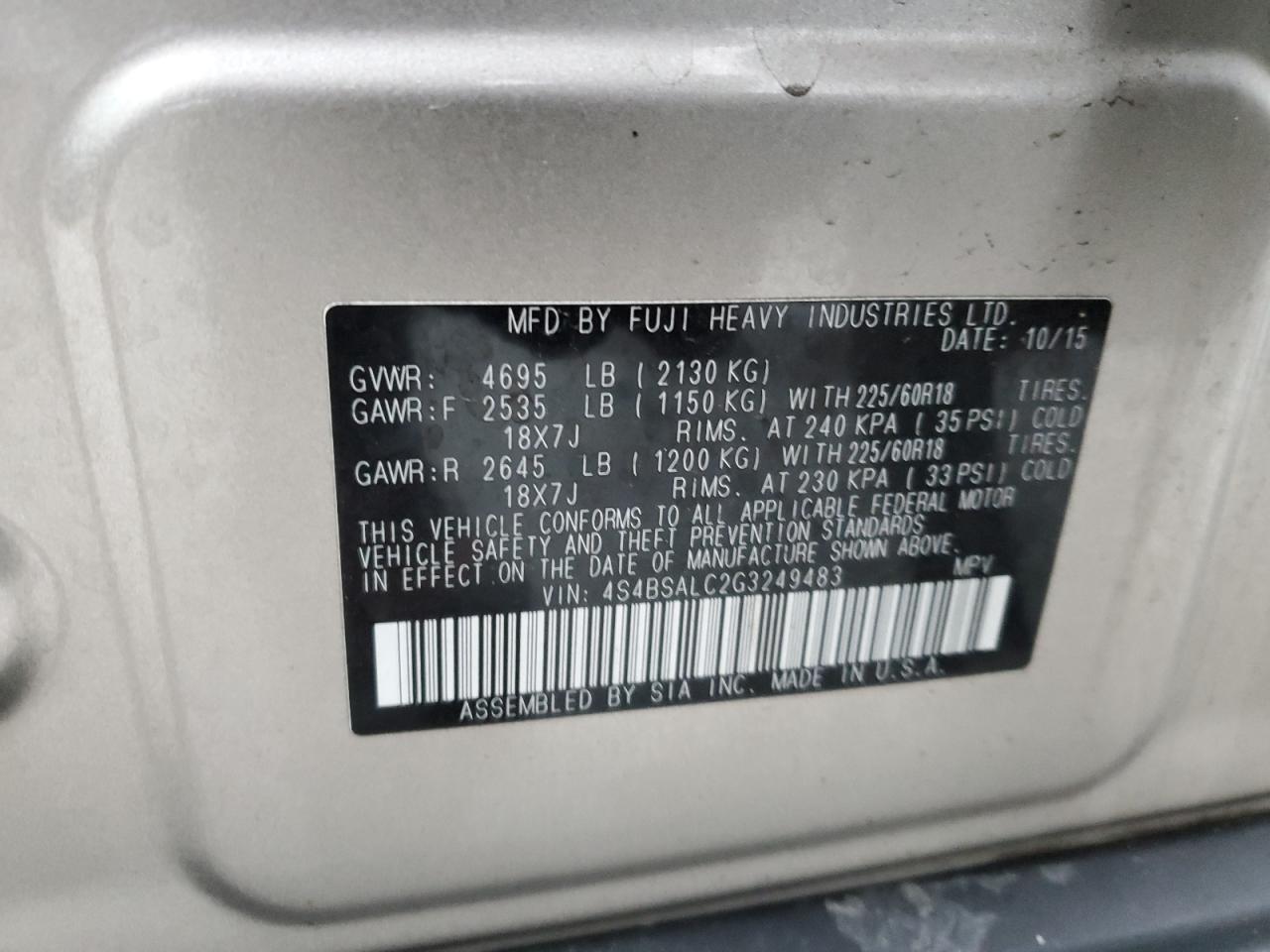 2016 Subaru Outback 2.5I Limited VIN: 4S4BSALC2G3249483 Lot: 93729395