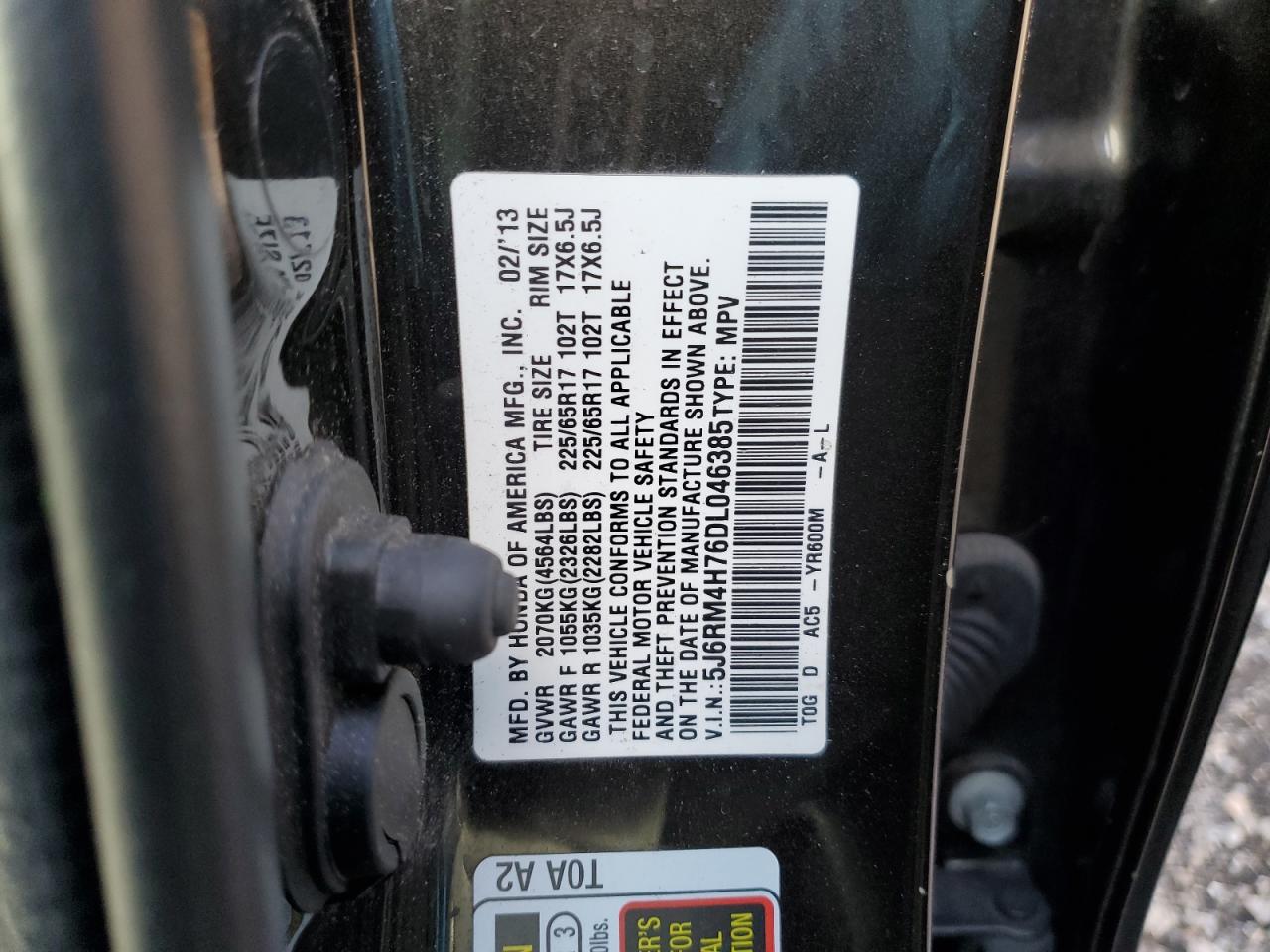 2013 Honda Cr-V Exl VIN: 5J6RM4H76DL046385 Lot: 93084915