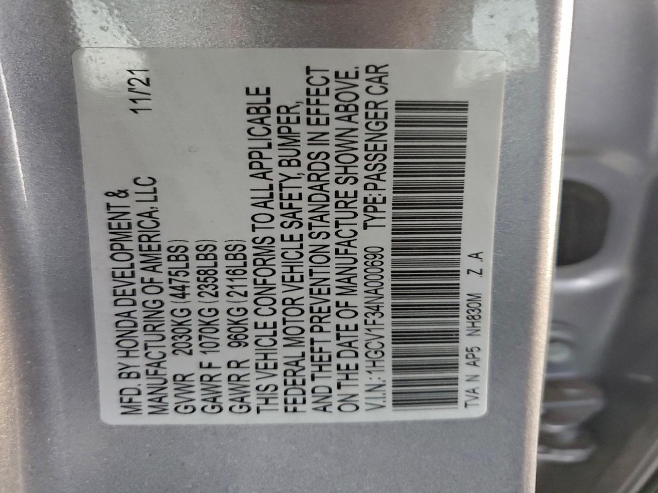2022 Honda Accord Sport VIN: 1HGCV1F34NA000690 Lot: 93822615
