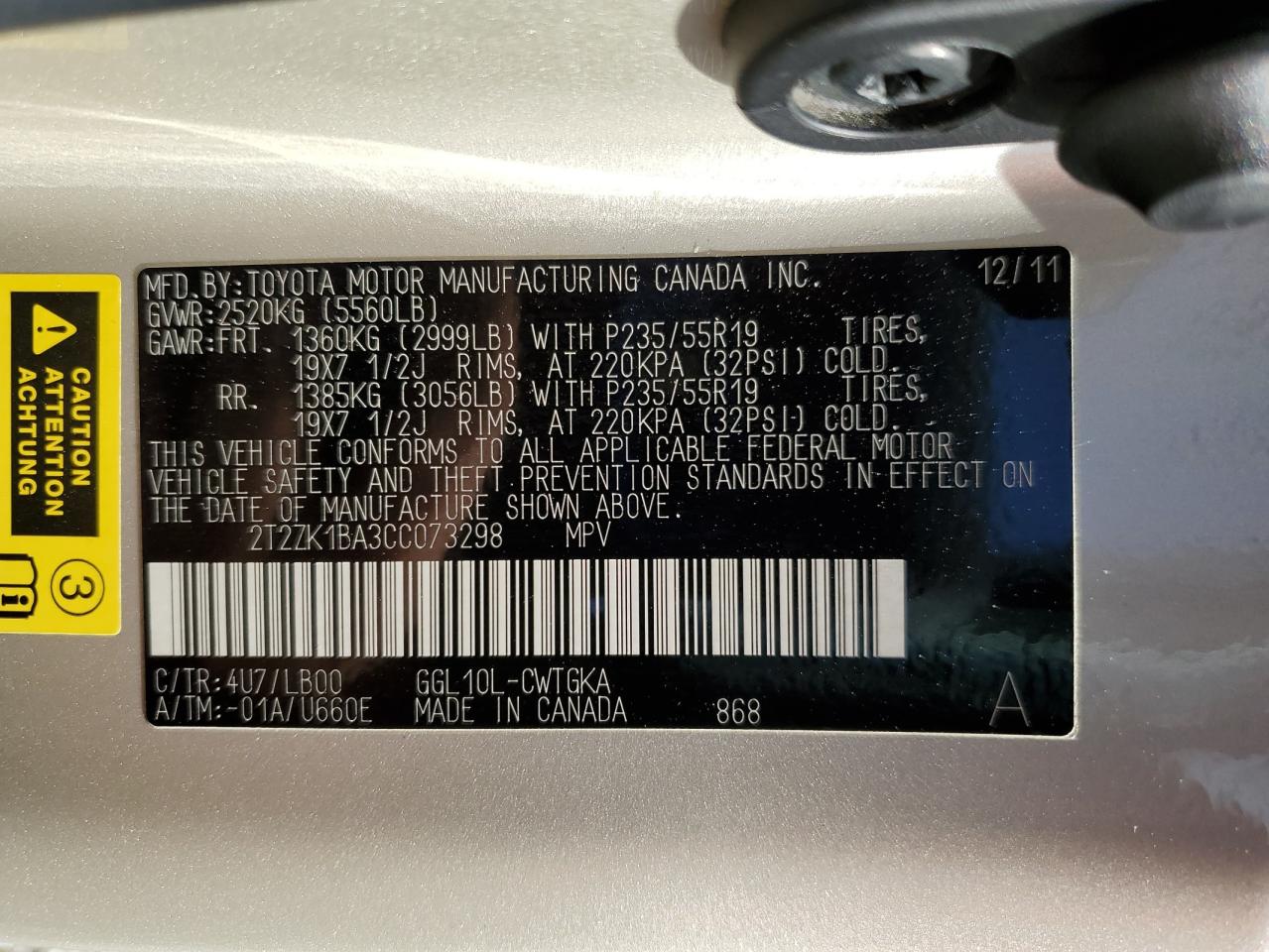 2012 Lexus Rx 350 VIN: 2T2ZK1BA3CC073298 Lot: 91246475