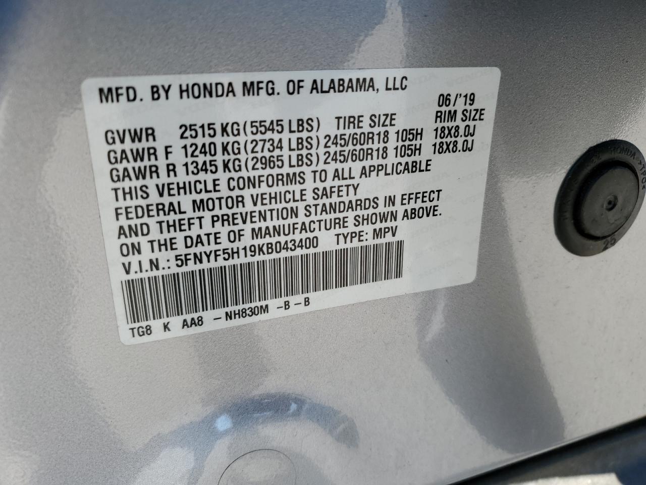 2019 Honda Pilot Lx VIN: 5FNYF5H19KB043400 Lot: 91089305