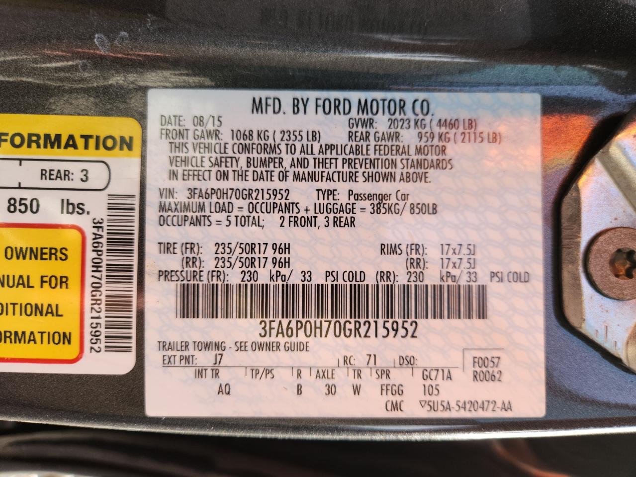 2016 Ford Fusion Se VIN: 3FA6P0H70GR215952 Lot: 91709675