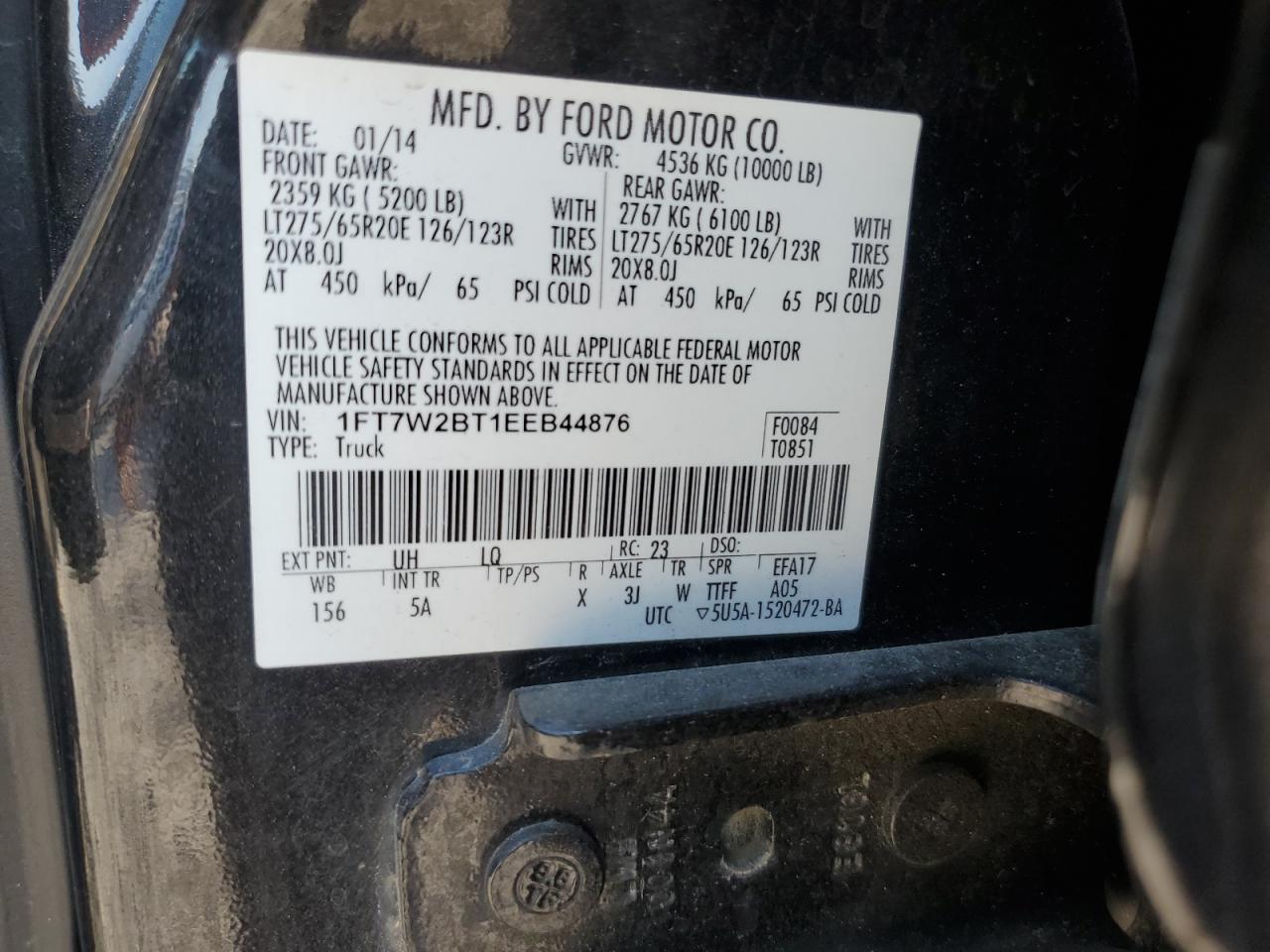 2014 Ford F250 Super Duty VIN: 1FT7W2BT1EEB44876 Lot: 92423025