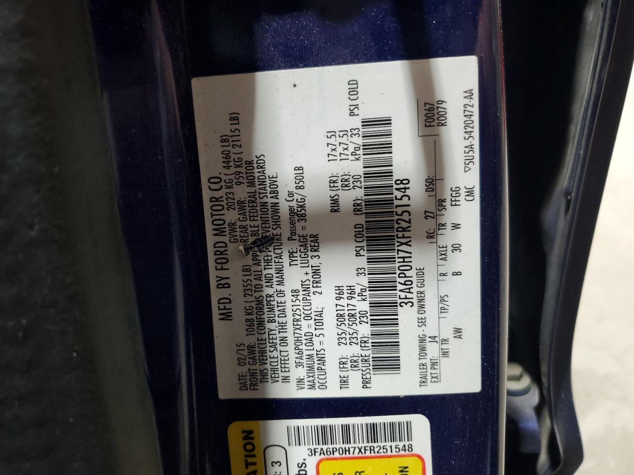 2015 Ford Fusion Se VIN: 3FA6P0H7XFR251548 Lot: 92794845