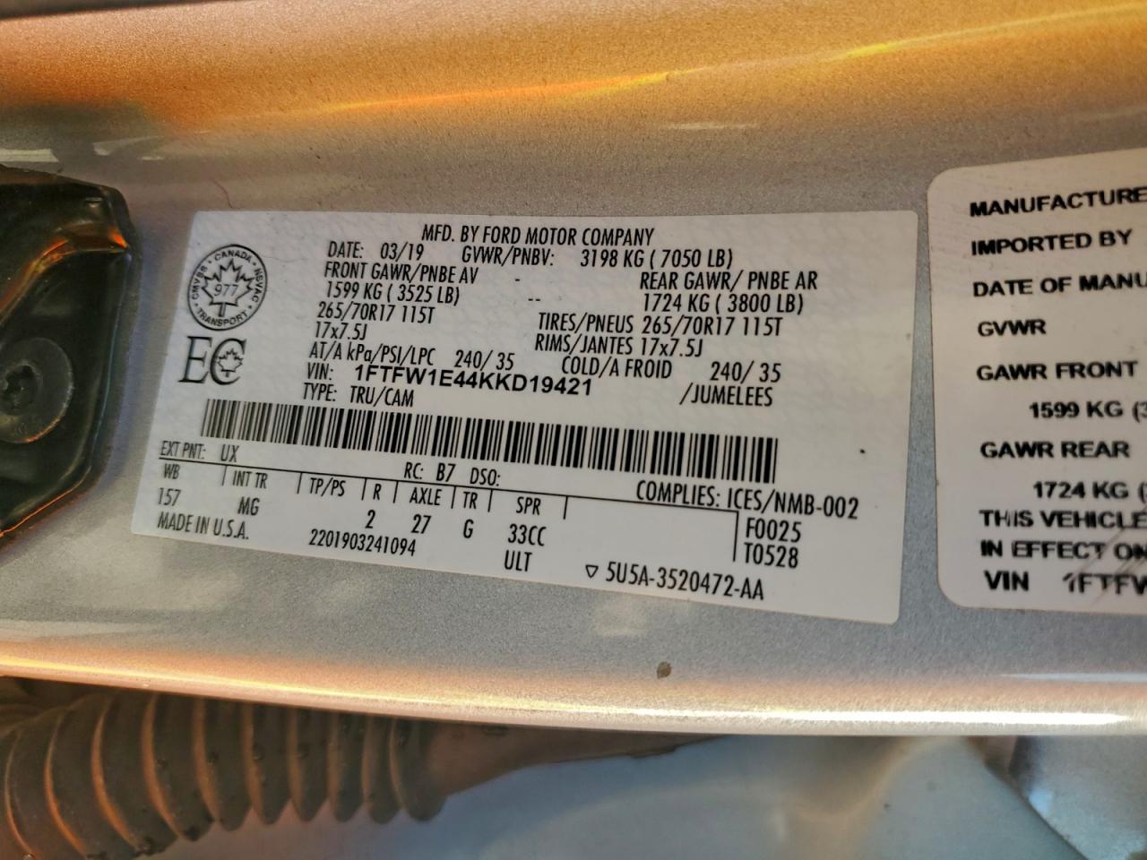 2018 Ford F150 Supercrew VIN: 1FTFW1E44KKD19421 Lot: 94521925