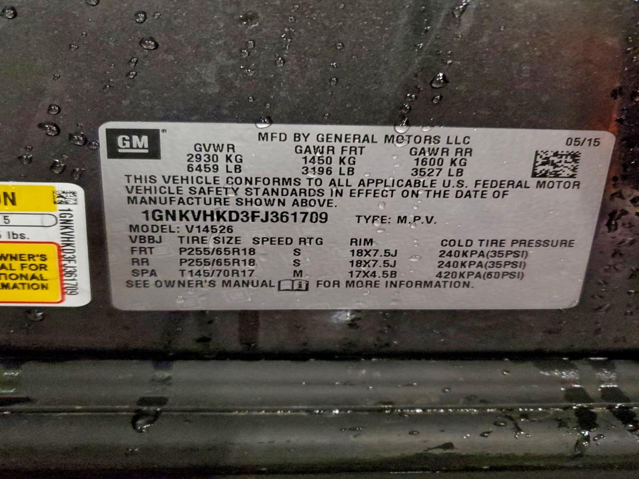 2015 Chevrolet Traverse Lt VIN: 1GNKVHKD3FJ361709 Lot: 93293435