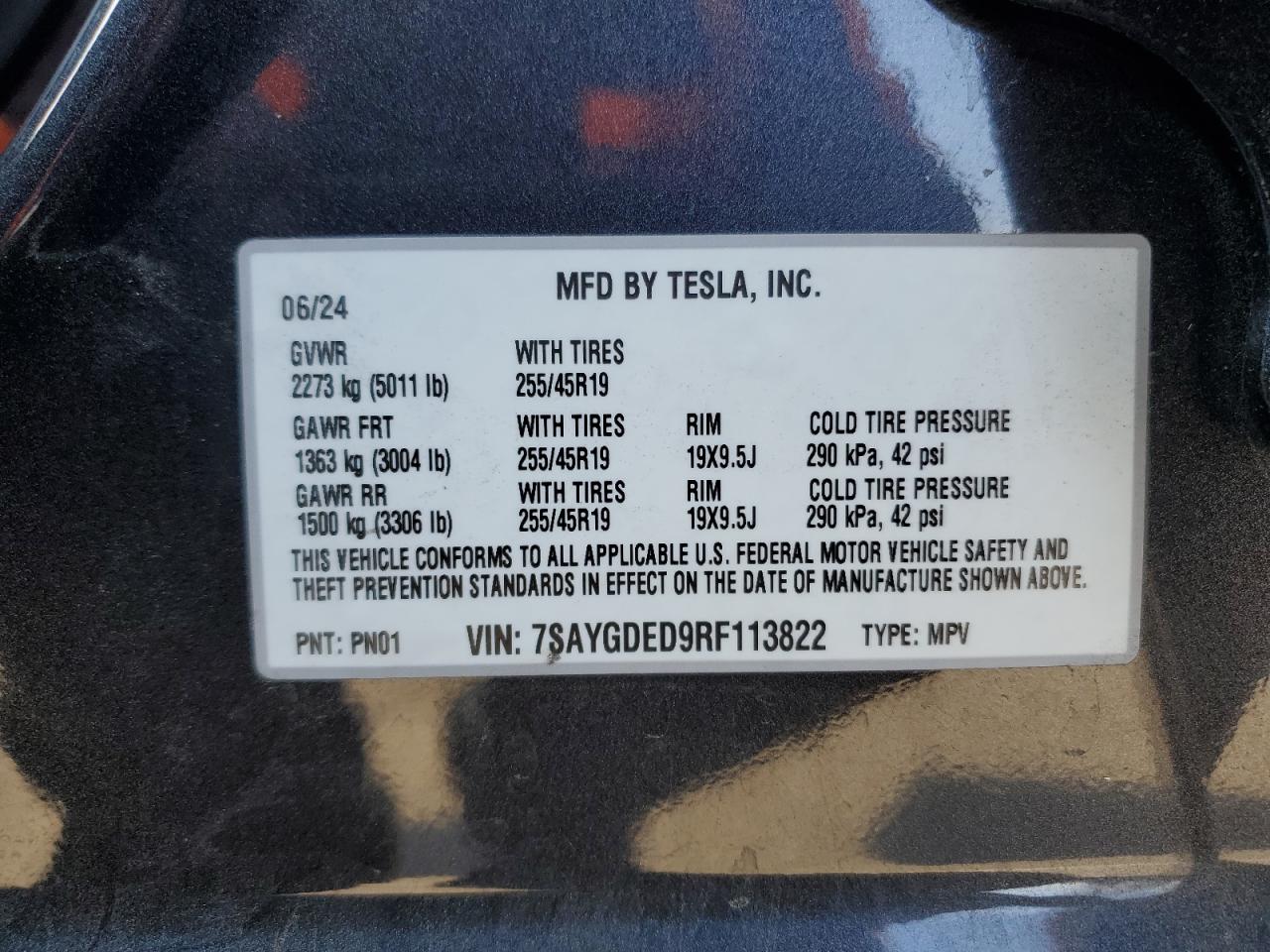 2024 Tesla Model Y VIN: 7SAYGDED9RF113822 Lot: 91005245