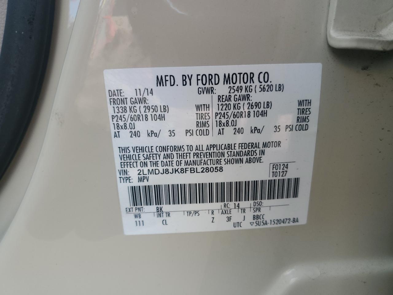 2015 Lincoln Mkx VIN: 2LMDJ8JK8FBL28058 Lot: 92710915