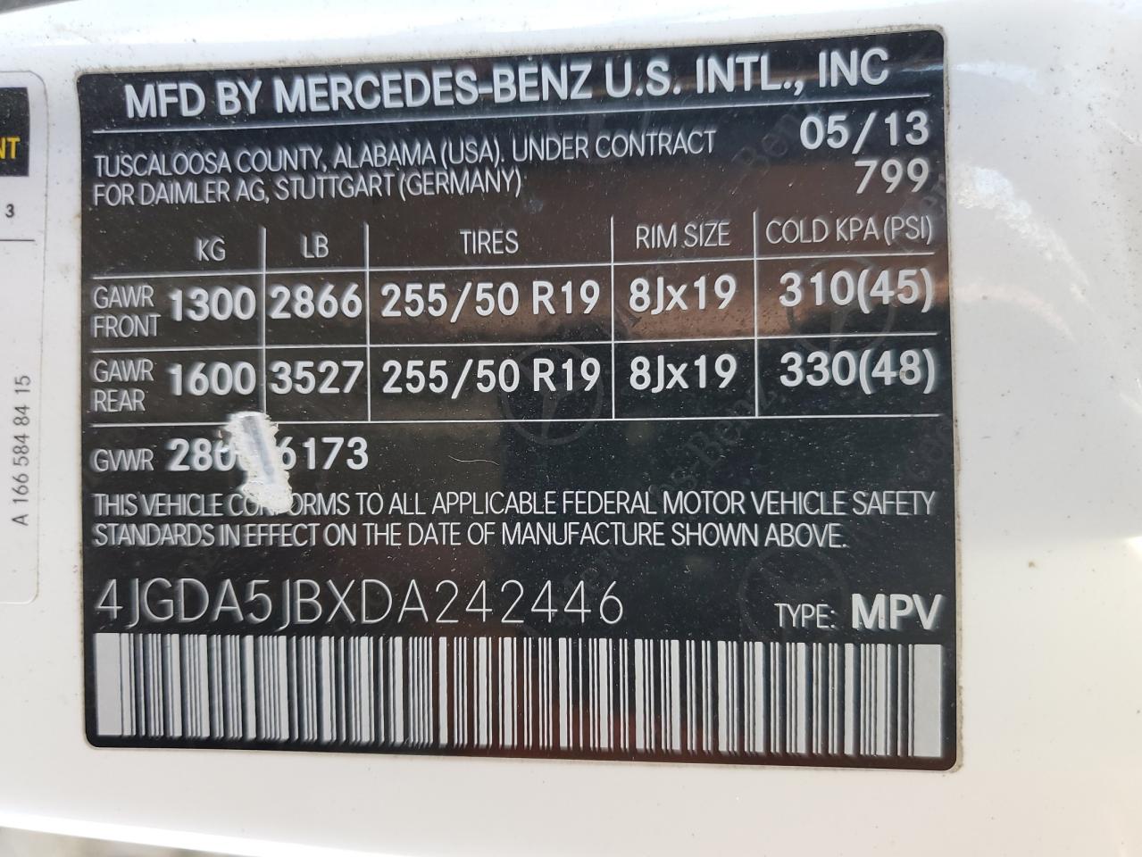 2013 Mercedes-Benz Ml 350 VIN: 4JGDA5JBXDA242446 Lot: 92451335