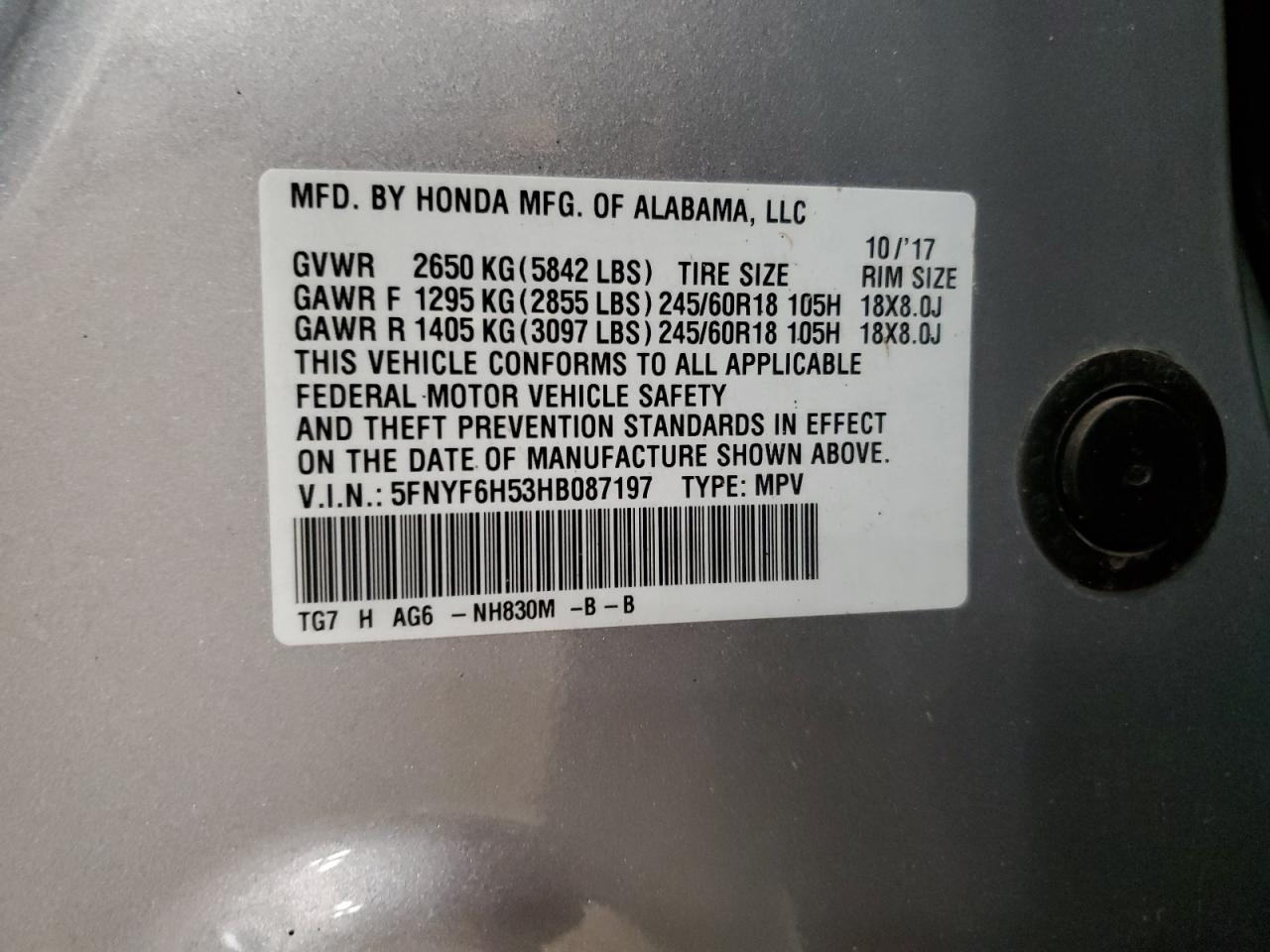 2017 Honda Pilot Exl VIN: 5FNYF6H53HB087197 Lot: 91640005