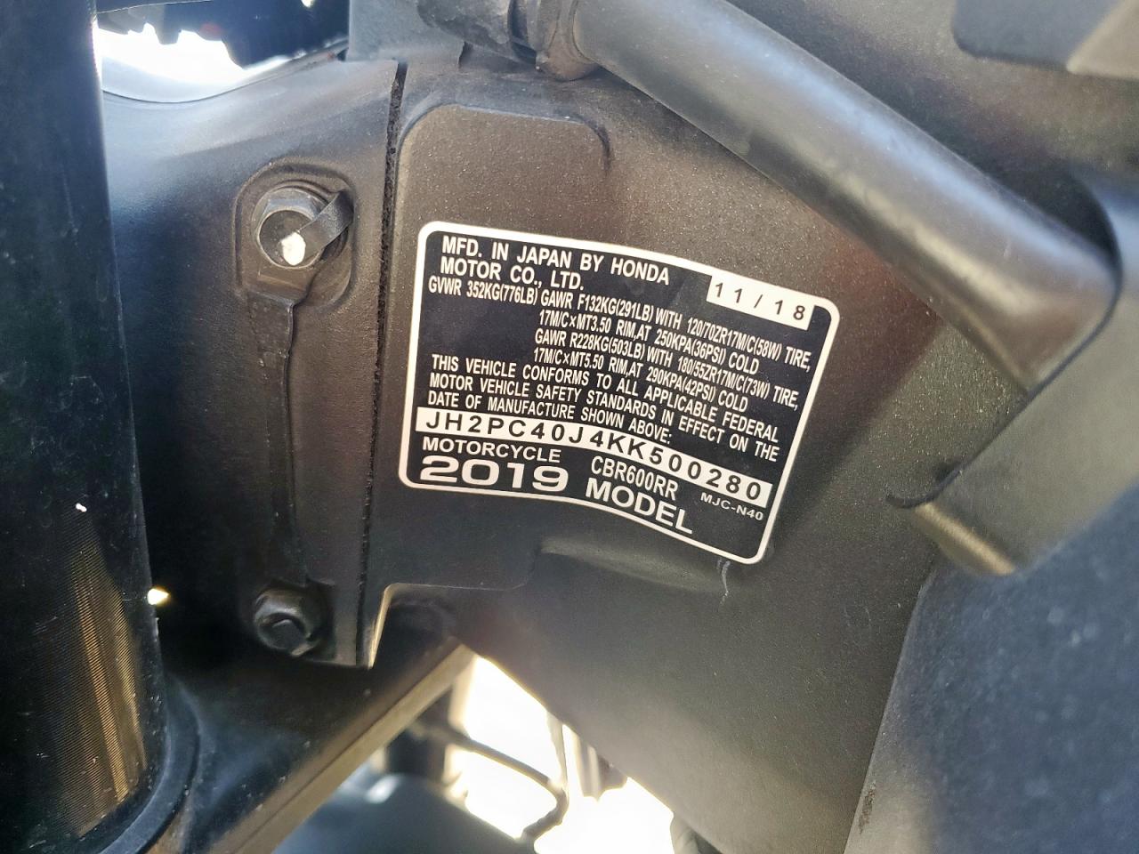 2019 Honda Cbr600 Rr VIN: JH2PC40J4KK500280 Lot: 92597725