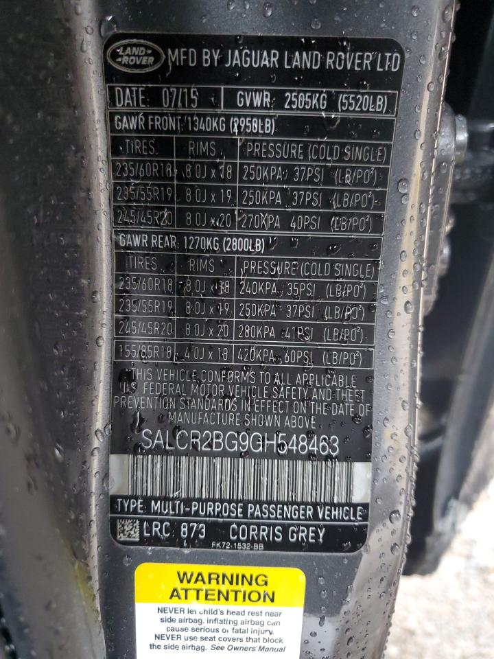 2016 Land Rover Discovery Sport Hse VIN: SALCR2BG9GH548463 Lot: 90908275