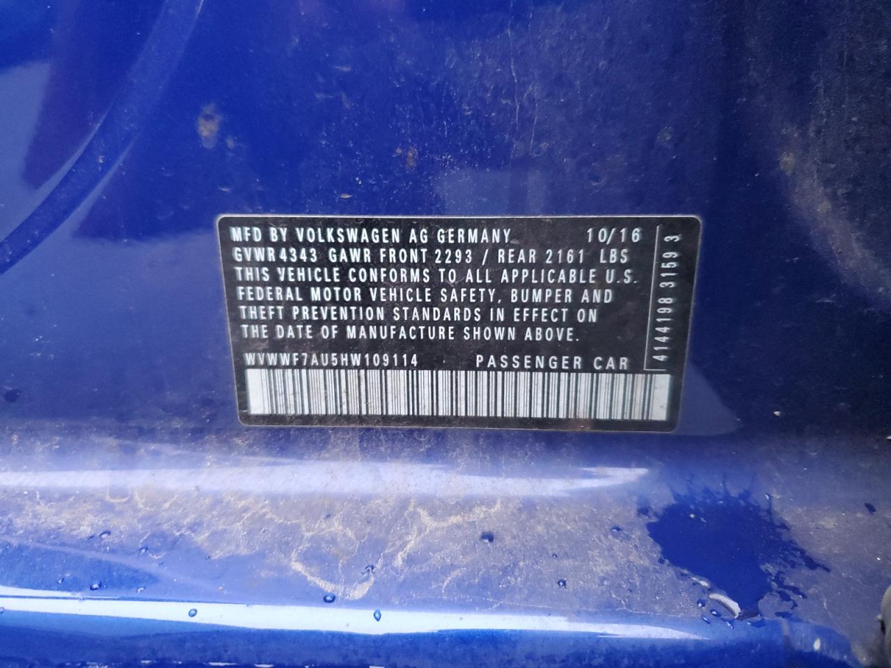 2017 Volkswagen Golf R VIN: WVWWF7AU5HW109114 Lot: 93516665