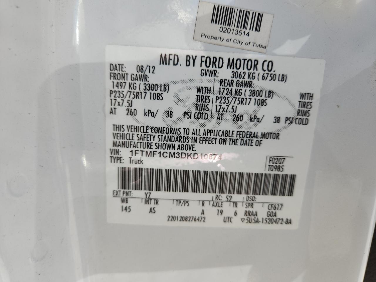 2013 Ford F150 VIN: 1FTMF1CM3DKD10674 Lot: 91889095