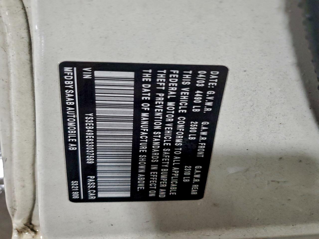 2003 Saab 9-5 Linear VIN: YS3EB49E633037569 Lot: 94545625