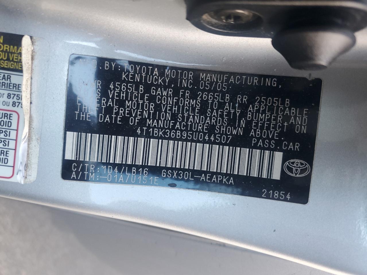 2005 Toyota Avalon Xl VIN: 4T1BK36B95U044507 Lot: 93603125