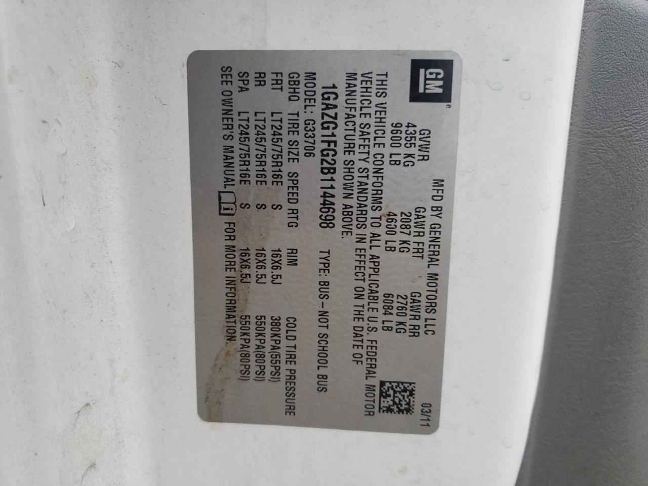 2011 Chevrolet Express G3500 Lt VIN: 1GAZG1FG2B1144698 Lot: 93638145