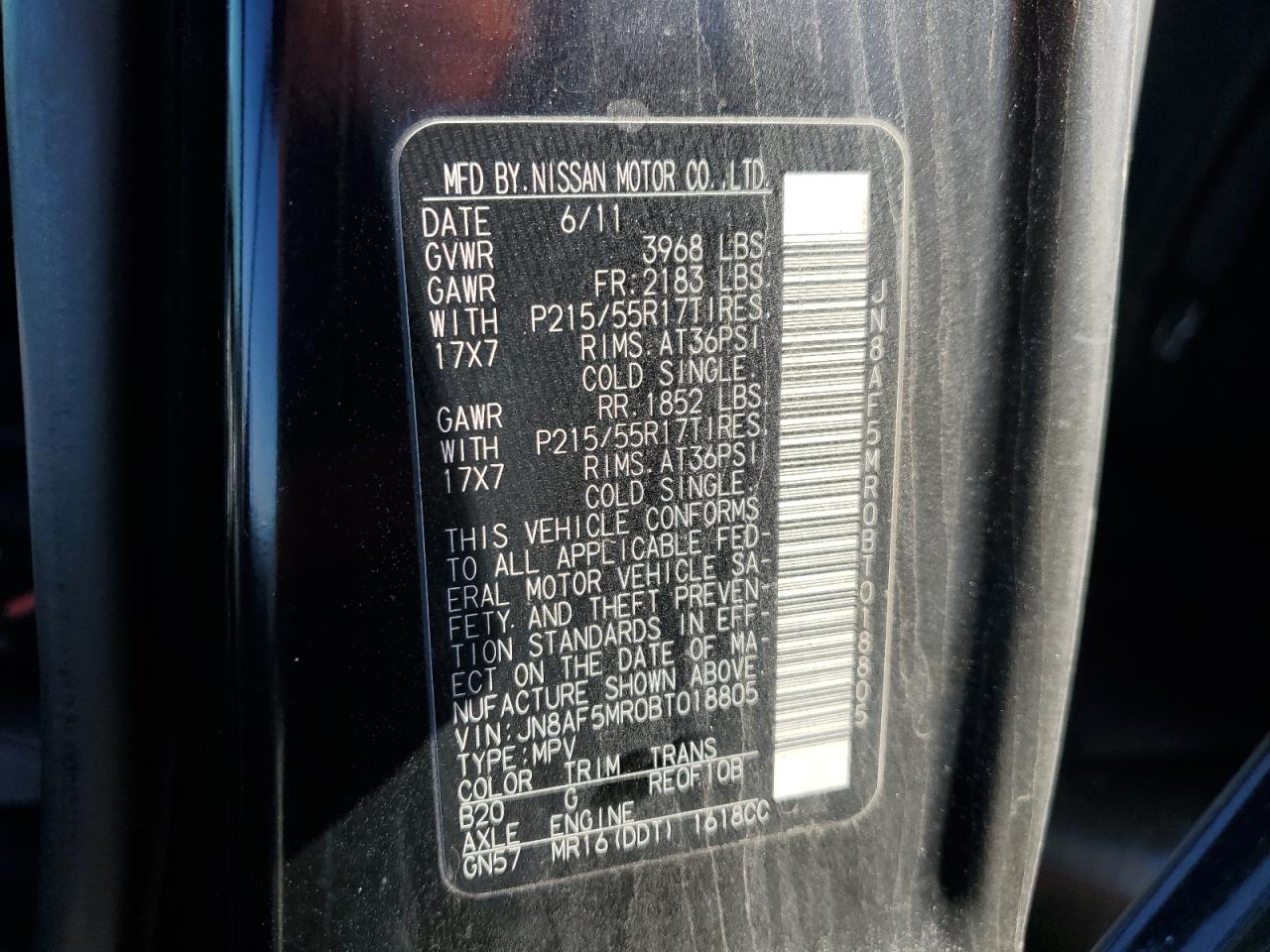 2011 Nissan Juke S VIN: JN8AF5MR0BT018805 Lot: 92008545