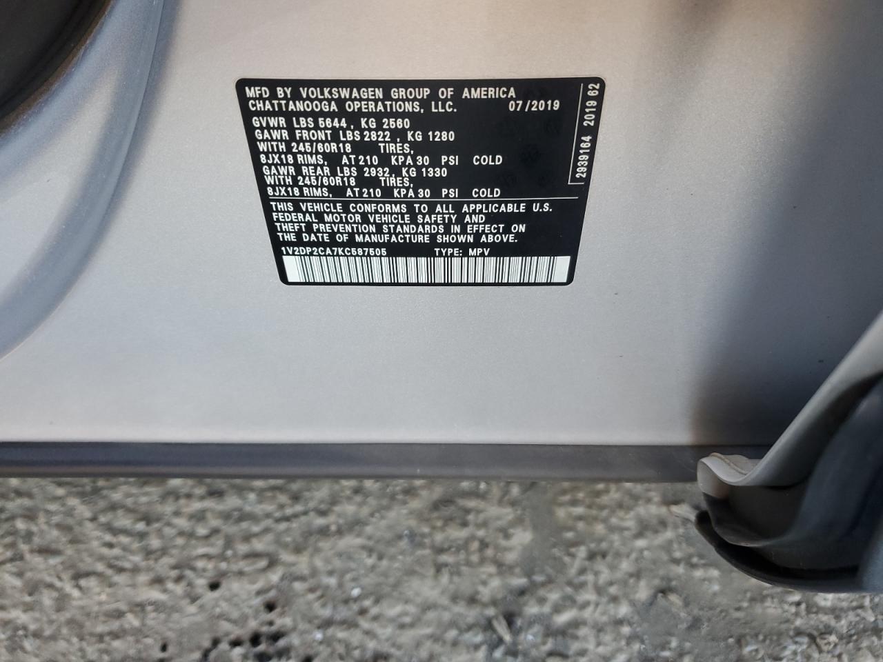 2019 Volkswagen Atlas Se VIN: 1V2DP2CA7KC587505 Lot: 93535655