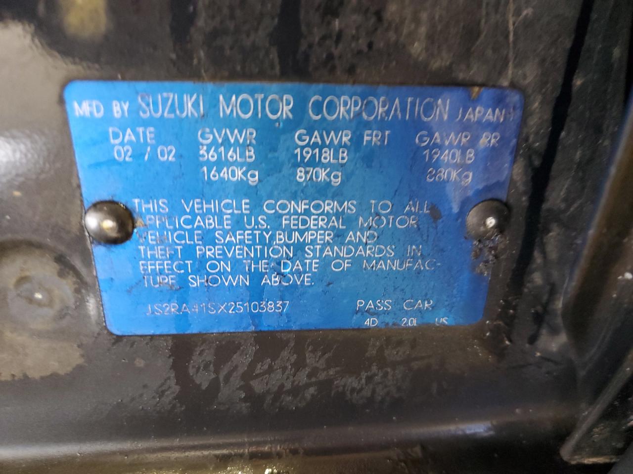 2002 Suzuki Aerio S VIN: JS2RA41SX25103837 Lot: 91738795