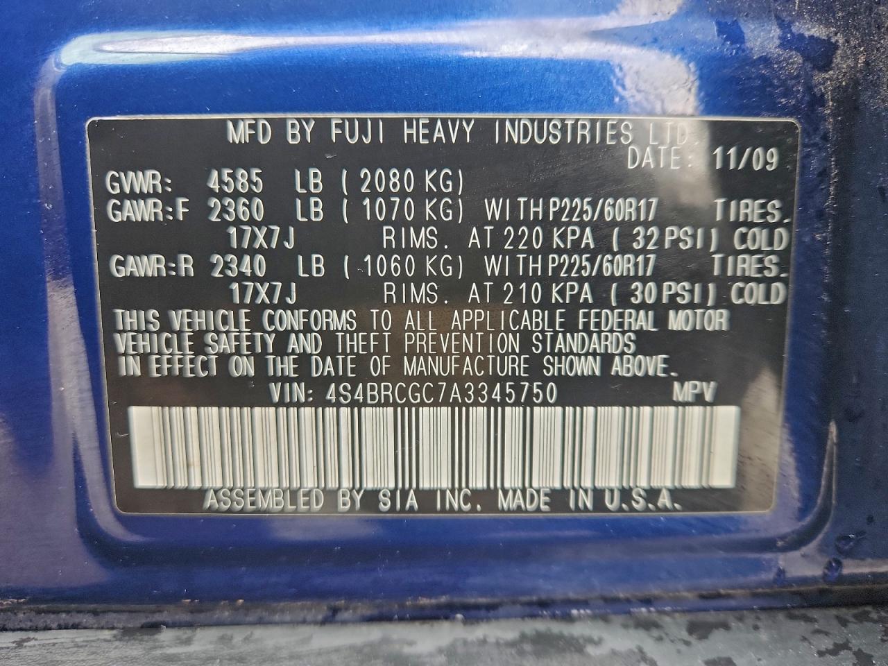 2010 Subaru Outback 2.5I Premium VIN: 4S4BRCGC7A3345750 Lot: 93142605