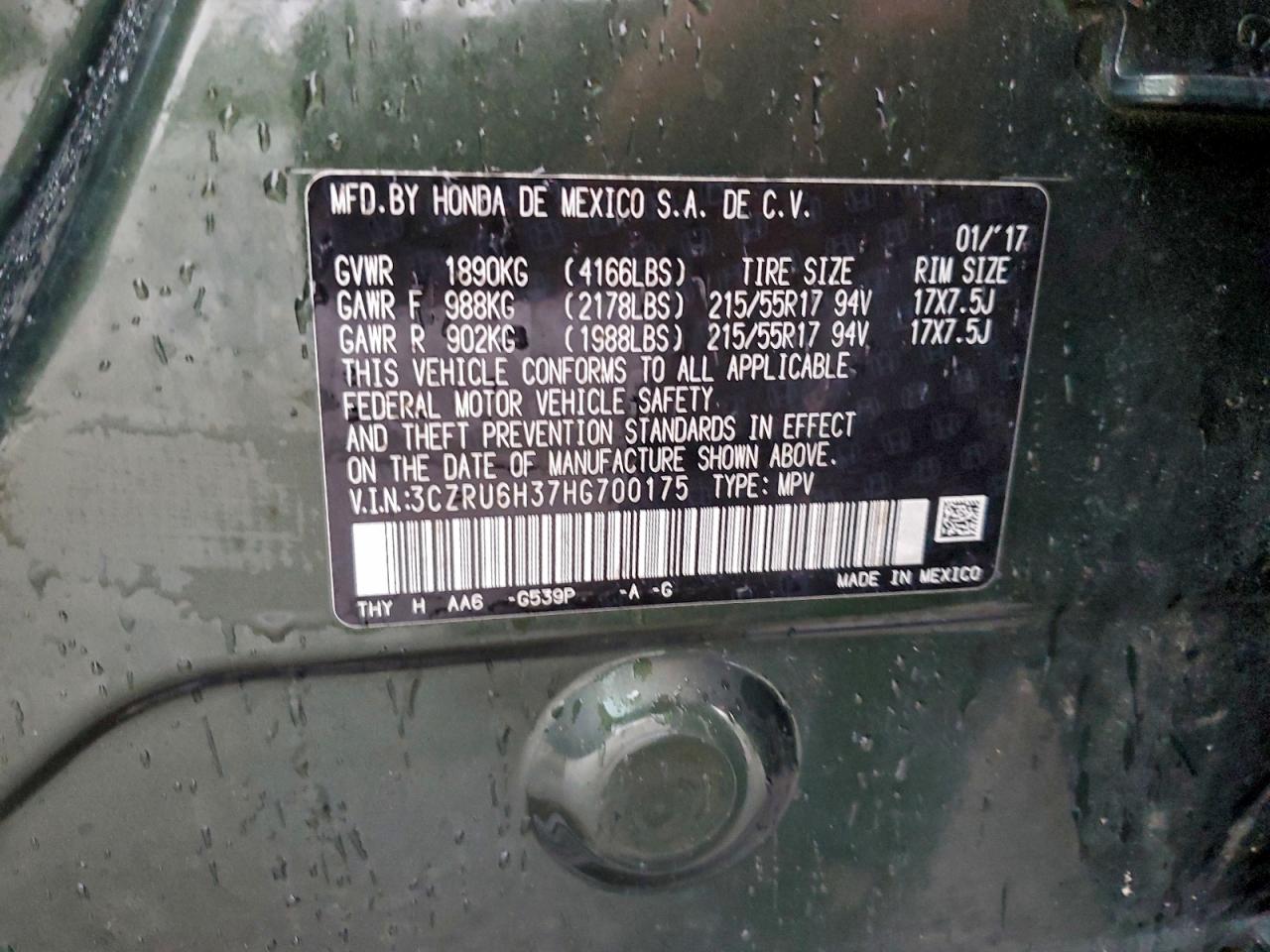 2017 Honda Hr-V Lx VIN: 3CZRU6H37HG700175 Lot: 94125335