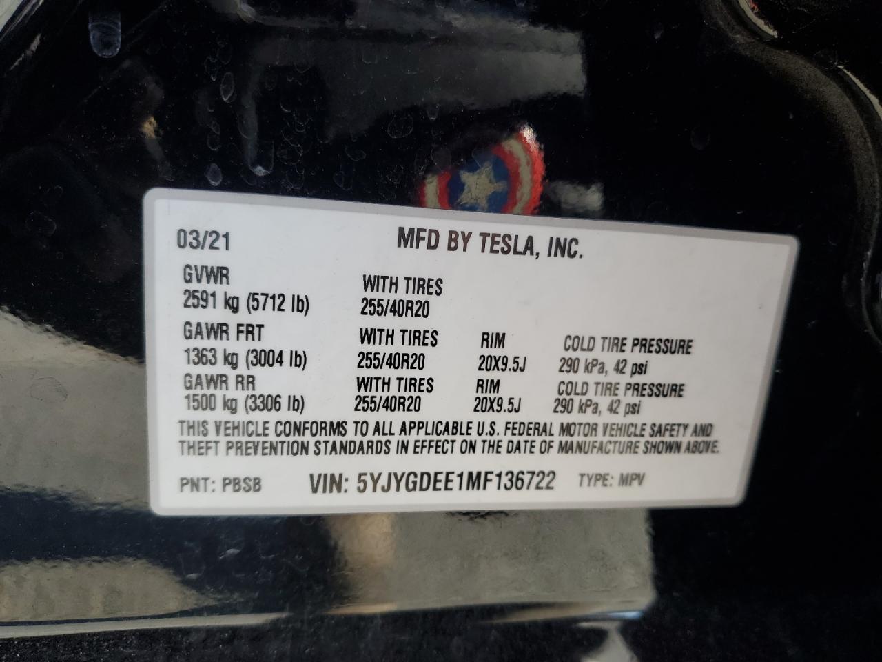 2021 Tesla Model Y VIN: 5YJYGDEE1MF136722 Lot: 91125015