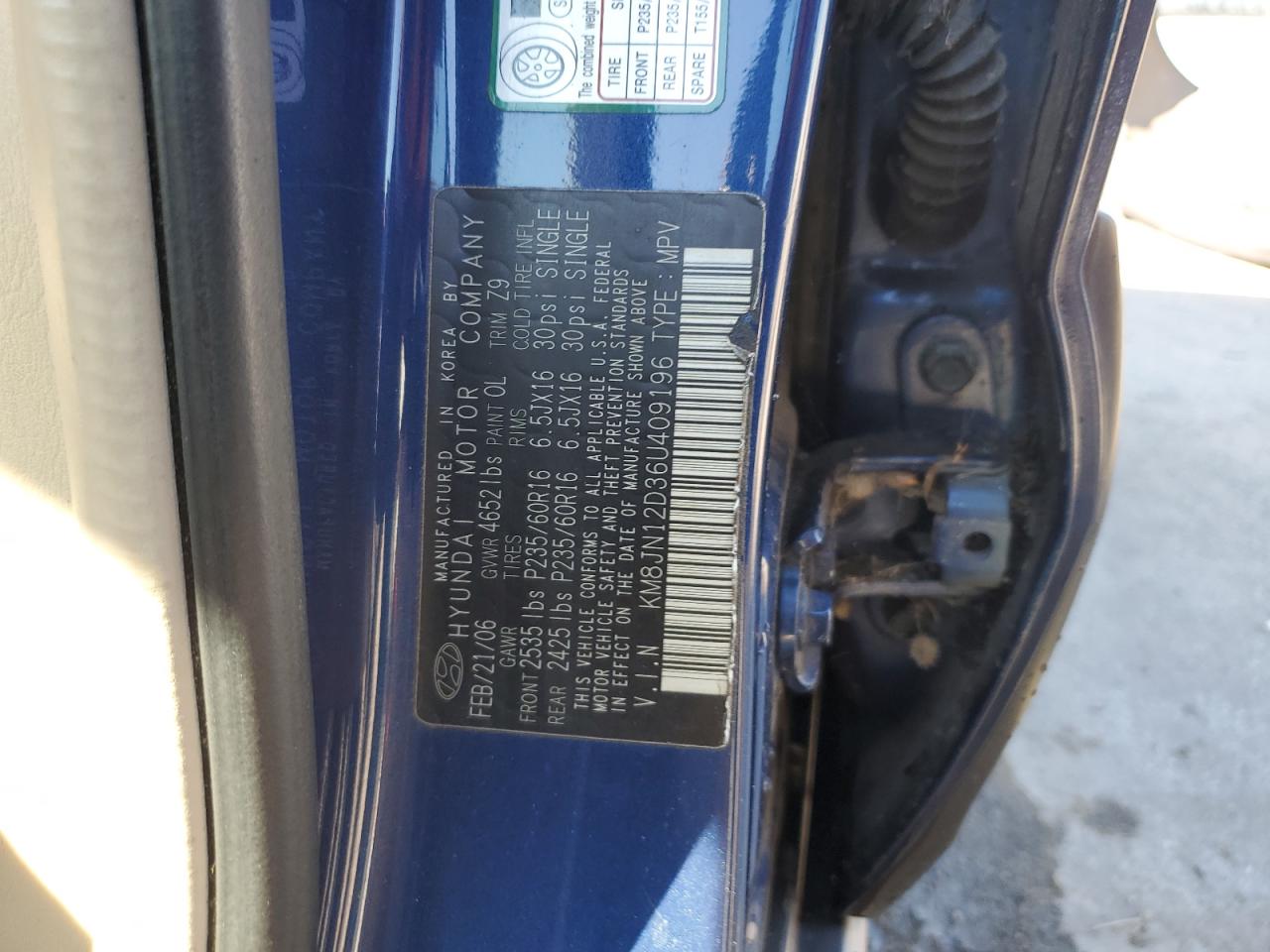 2006 Hyundai Tucson Gls VIN: KM8JN12D36U409196 Lot: 91475495