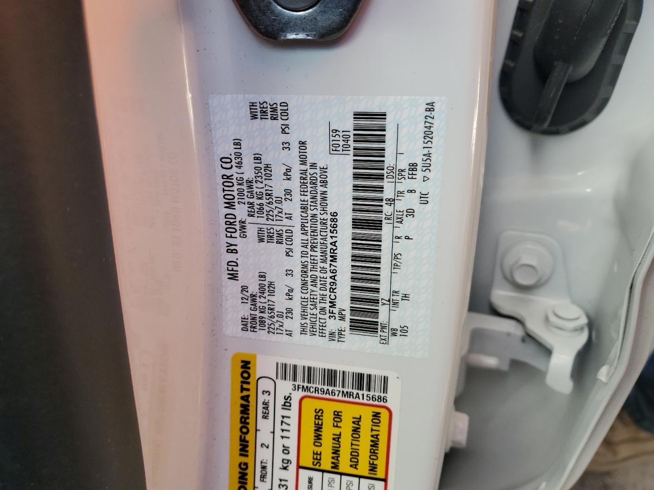 2021 Ford Bronco Sport VIN: 3FMCR9A67MRA15686 Lot: 93012945