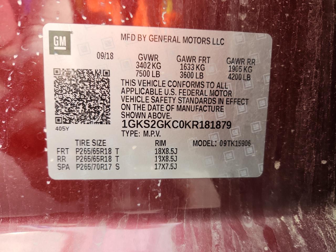 2019 GMC Yukon Xl K1500 Slt VIN: 1GKS2GKC0KR181879 Lot: 93265035