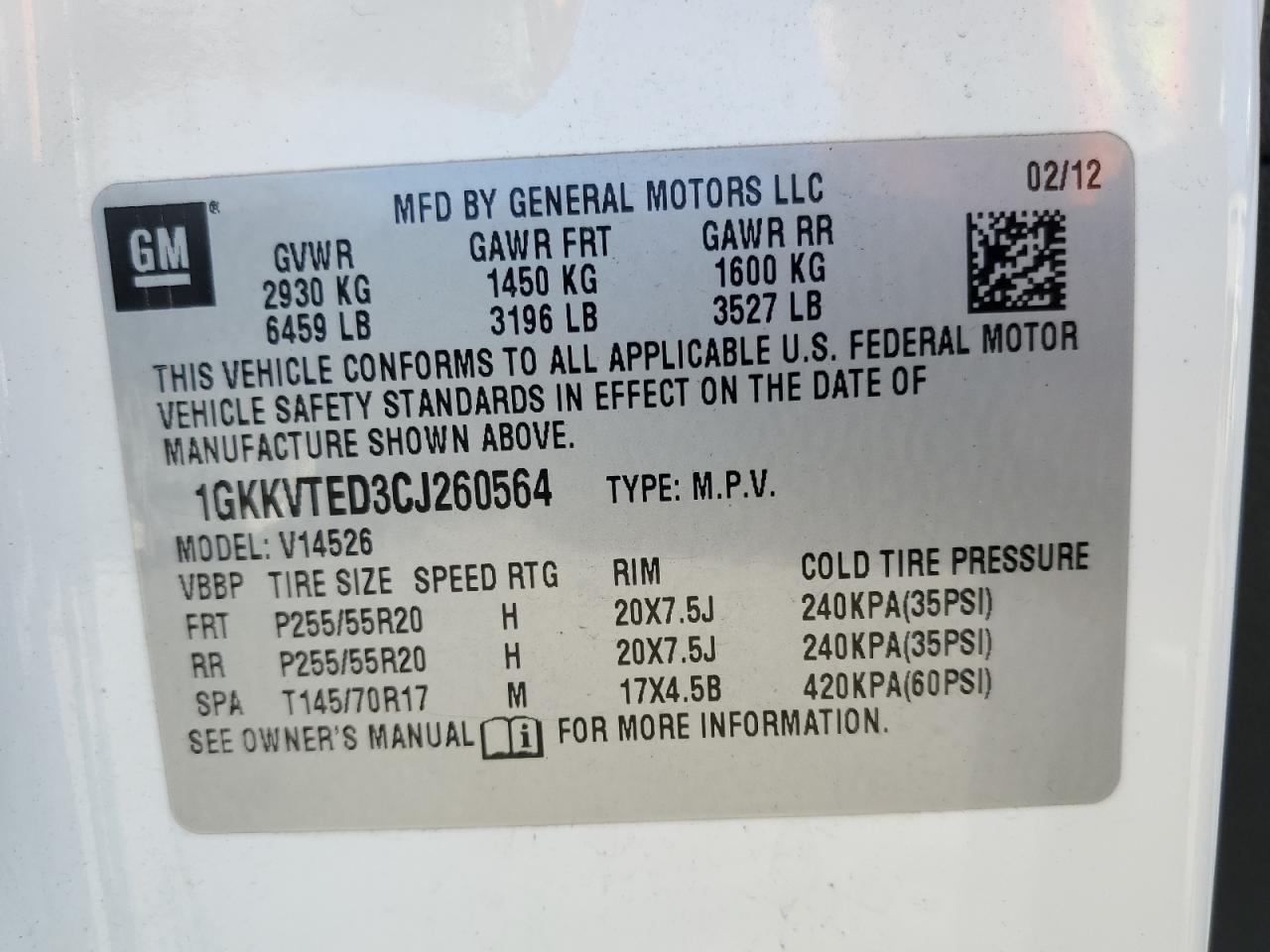 2012 GMC Acadia Denali VIN: 1GKKVTED3CJ260564 Lot: 90969375