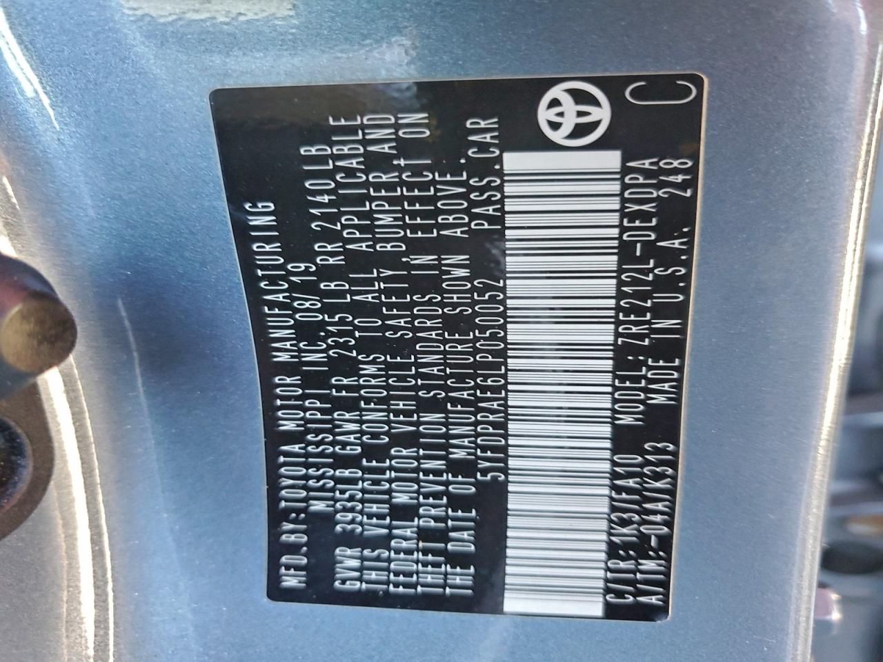 2020 Toyota Corolla L VIN: 5YFDPRAE6LP050052 Lot: 93970085