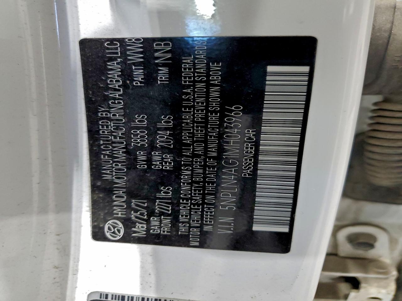 2021 Hyundai Elantra Sel VIN: 5NPLN4AG1MH043966 Lot: 93898465