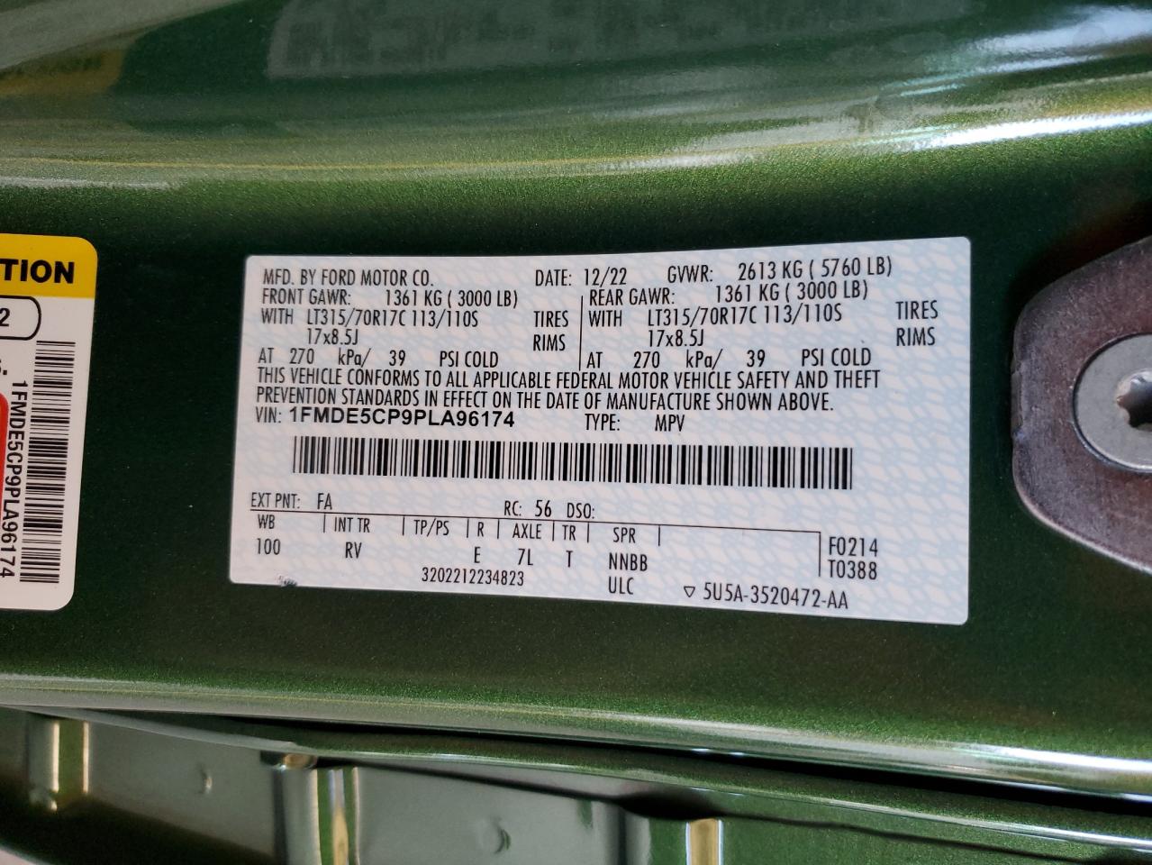 2023 Ford Bronco Base VIN: 1FMDE5CP9PLA96174 Lot: 91264725