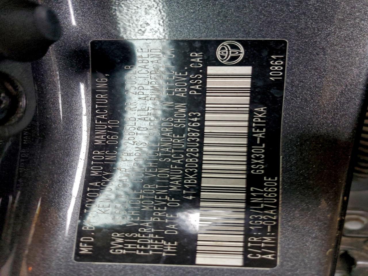 2011 Toyota Avalon Base VIN: 4T1BK3DB2BU387643 Lot: 94108045