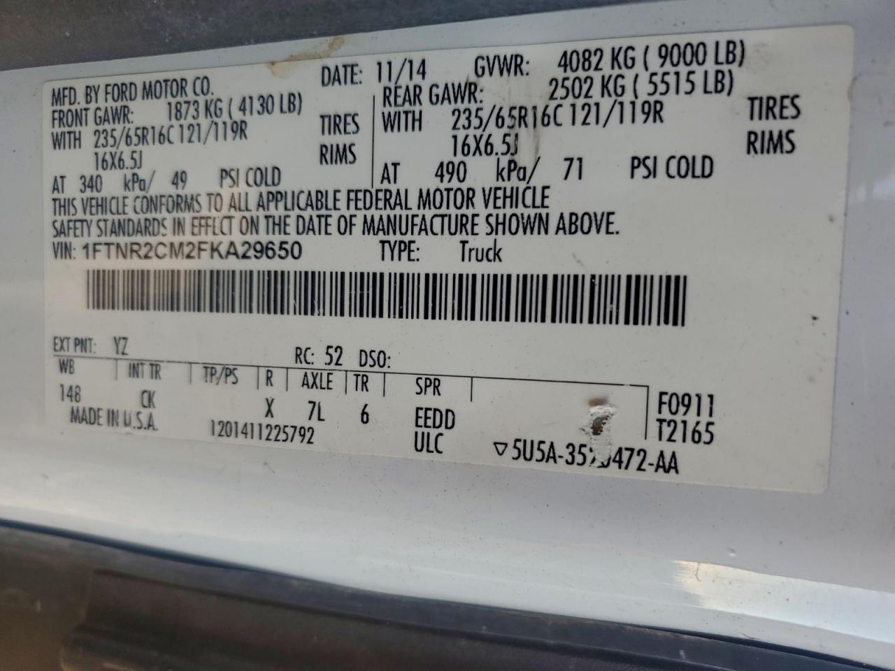 2015 Ford Transit T-250 VIN: 1FTNR2CM2FKA29650 Lot: 94129715