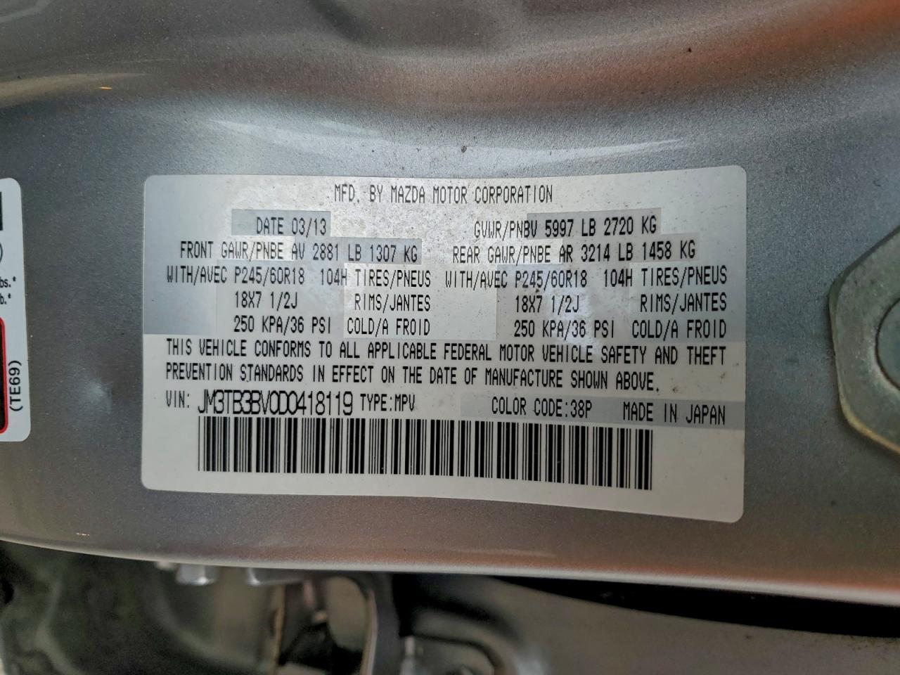 2013 Mazda Cx-9 Sport VIN: JM3TB3BV0D0418119 Lot: 93294685