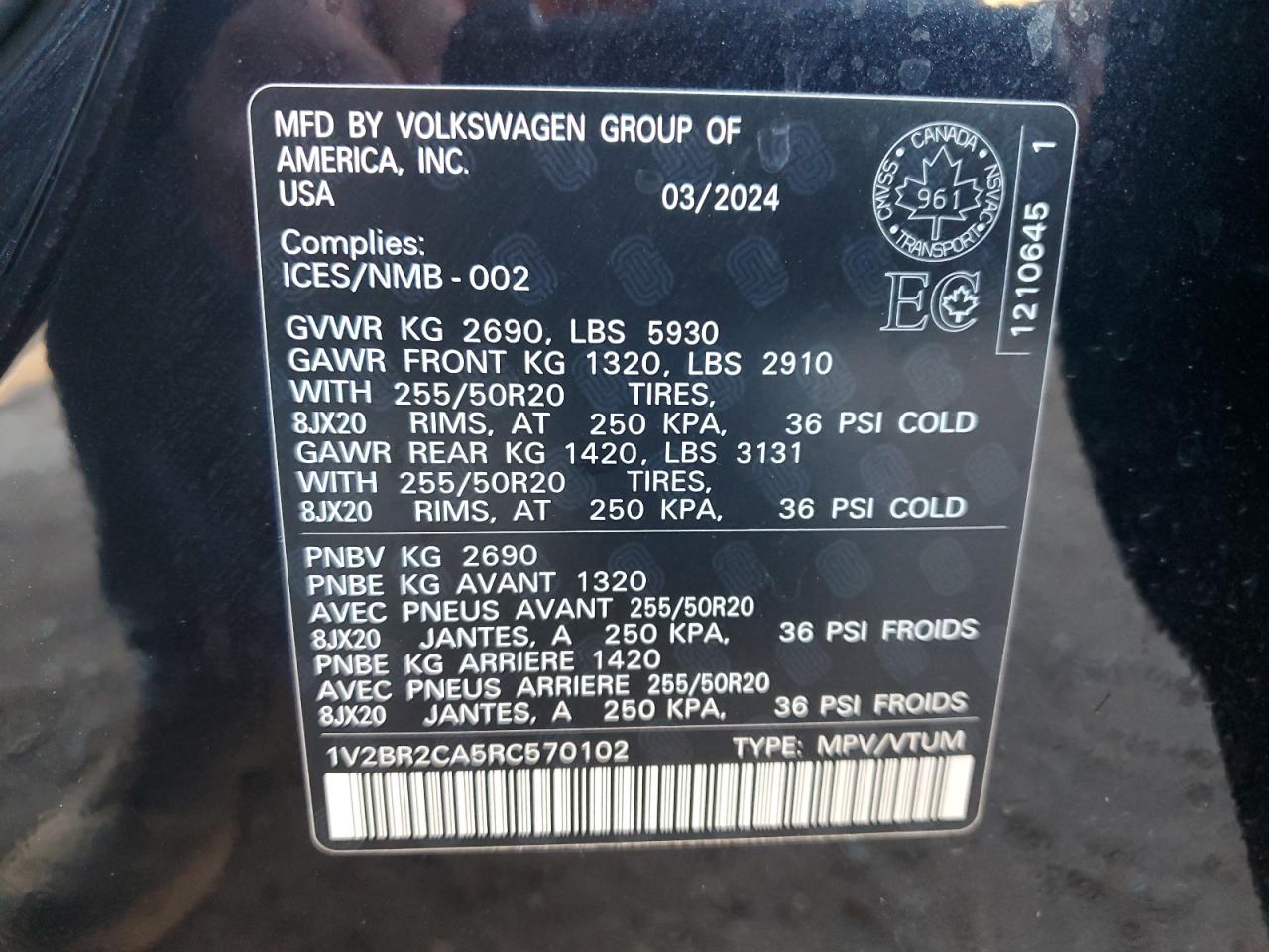 2024 Volkswagen Atlas Sel VIN: 1V2BR2CA5RC570102 Lot: 93425115