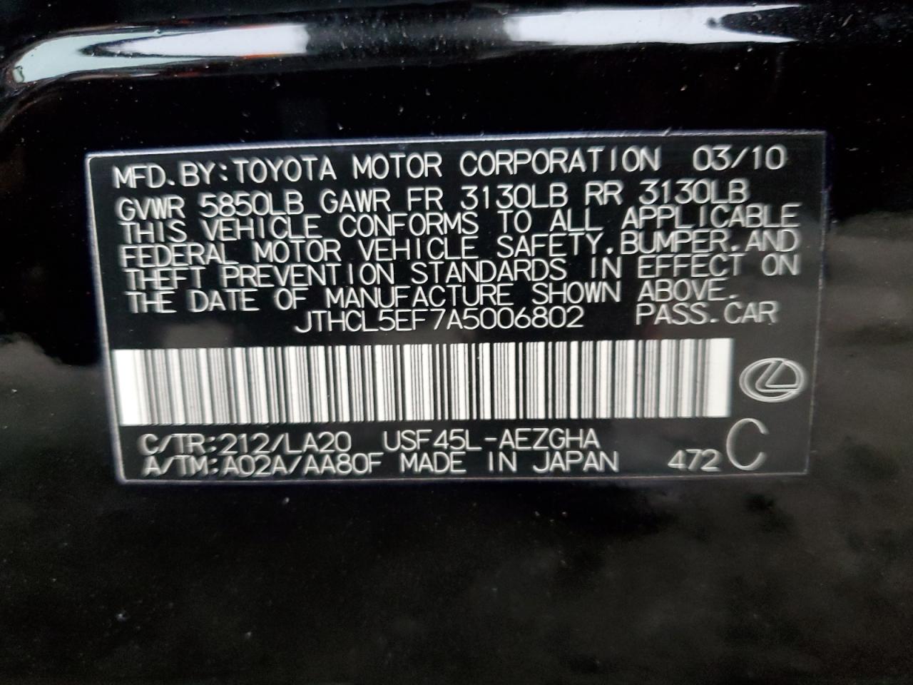 2010 Lexus Ls 460 VIN: JTHCL5EF7A5006802 Lot: 92666515