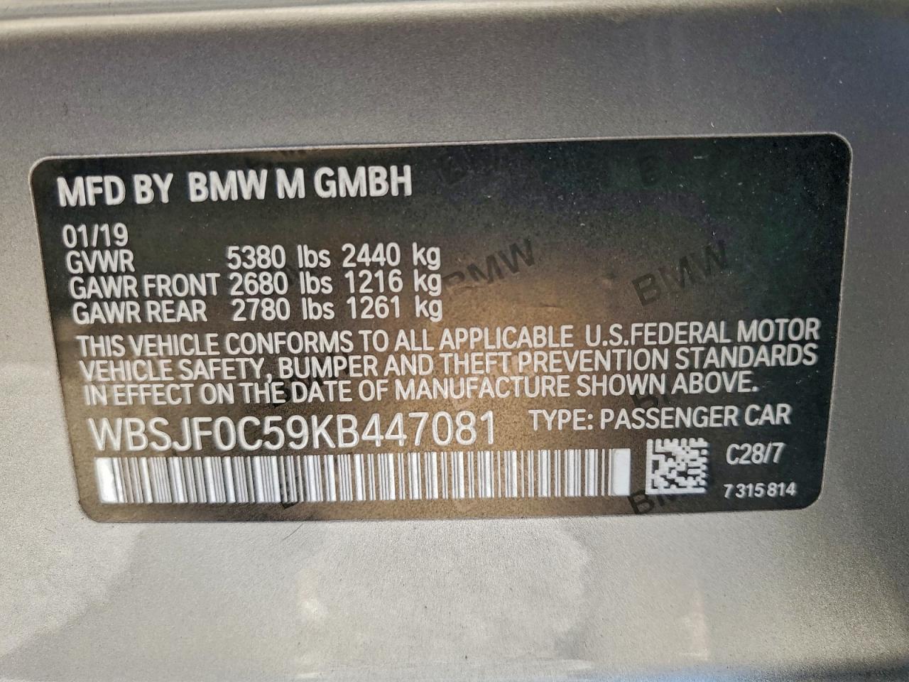 2019 BMW M5 VIN: WBSJF0C59KB447081 Lot: 93758085