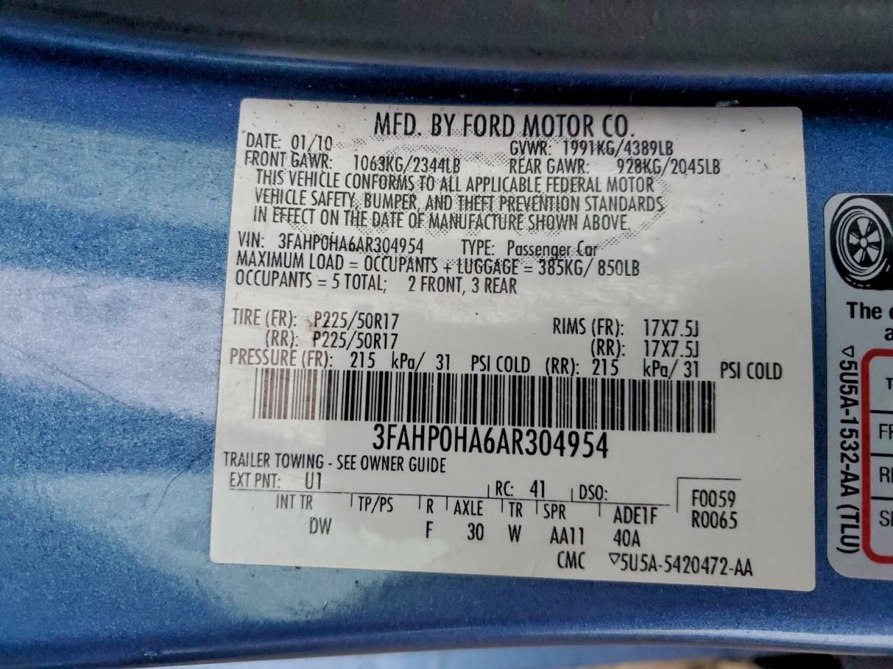 2010 Ford Fusion Se VIN: 3FAHP0HA6AR304954 Lot: 93331145